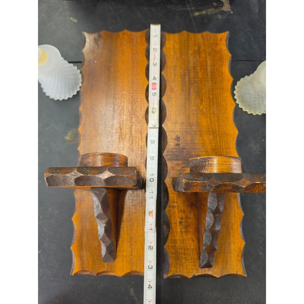 Vintage MCM Wood Wall Sconce Pair Scalloped Edge Frosted Diamond Votive Holders